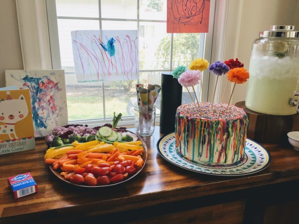 Birthday cake, food, and decorations